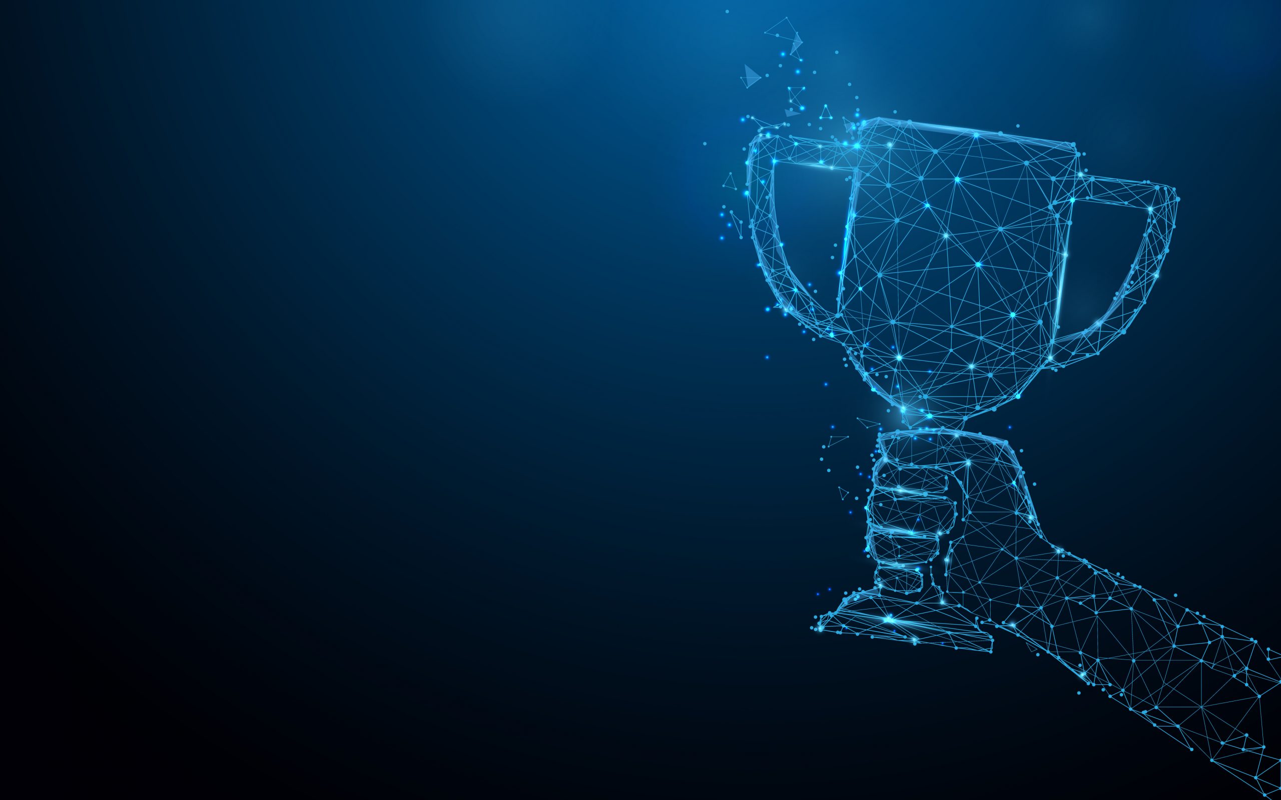 Hand holding trophy cup tophy form lines, triangles and particle a young girl holding a leaf
